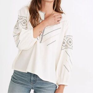 Madewell MD132 Embroidered Puff Sleeve Peasant Blouse Boho